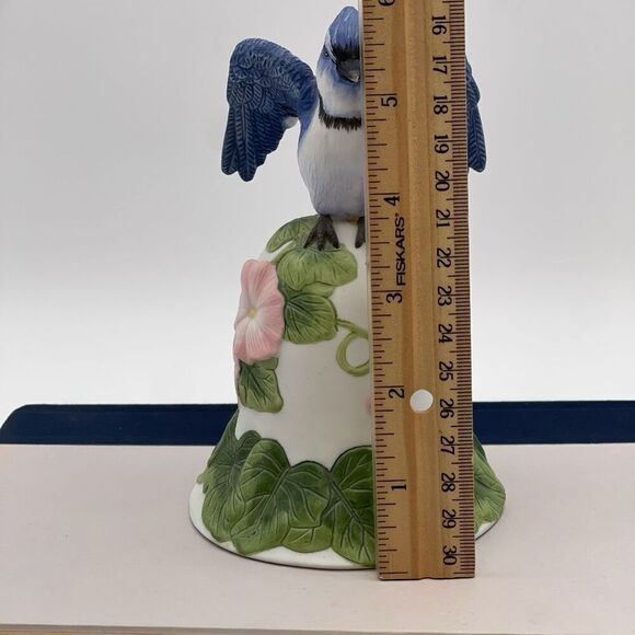 AVON Bisque Porcelain Bird Morning Glory Flower Bell 2001 Collectible Blue Jay - Picture 6 of 16
